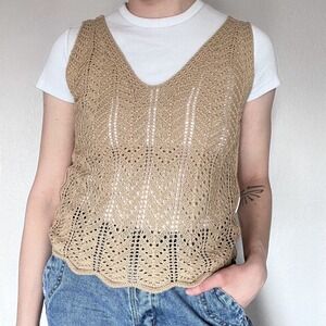 Cottagecore Crochet Knit Vest Womens Medium Tan V Neck Fairy Boho Coastal Earthy